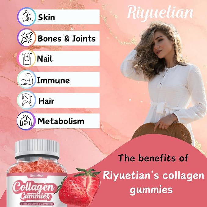 Collagen Gummies with Vitamin C, Zinc and Biotin, Strawberry Flavor Beauty Supplement, Hydrolyzed Collagen Peptides Supplement for Hair, Skin, Nails & Wrinkles, Non-GMO, Gluten Free, 60 Gummies