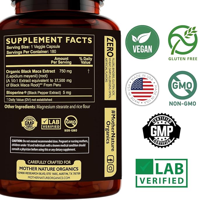Mother Nature 37,500mg 50x Strength Organic Highly Concentrated Peruvian Black Maca Root Capsules for Men 100% Pure Maca Peruana 50:1 Extract to Boost Stamina, Enegy, Muscle Gain - 180ct