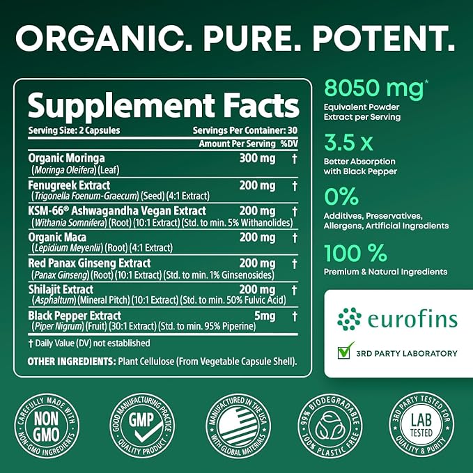 Organic KSM66 Ashwagandha Blend for Mood Boost and Stress Support with Maca Ginseng Shilajit Moringa Fenugreek. Natural Multivitamin Supplements for Women and Men 60 Capsules