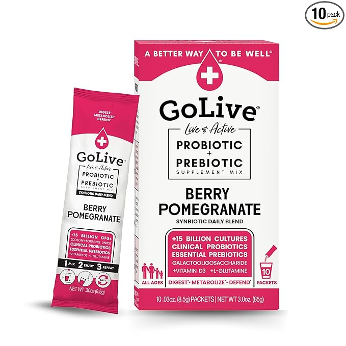 GoLive Prebiotic and Probiotic for Women, Men, Kids. Berry Pomegranate Synbiotic Powder w/ L-Glutamine, Vitamin D3, Electrolytes. For Gut Health, Digestion, Metabolism, Immunity 15-50B CFUs.