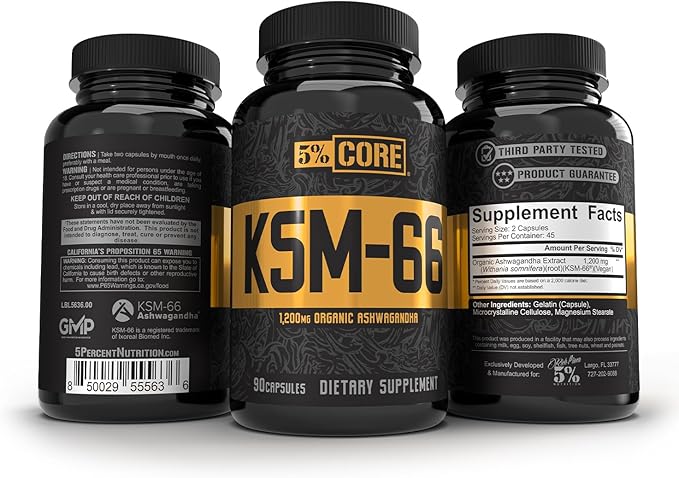 5% Nutrition Core KSM-66 Ashwagandha | 1,200mg Organic Ashwagandha Root Powder Extract | High Potency 5% Withanolides (45 Servings, 90 Capsules)