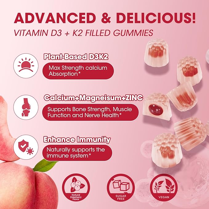 Vitamin D3 10000 IU + K2 (MK7) 200mcg w/Calcium Magnesium Zinc Elderberry & Inulin-Highly Bioavailable-Enhanced Absorption for Immune & Bone Support- K2 D3 Vitamin Supplement-Vegan Gummies