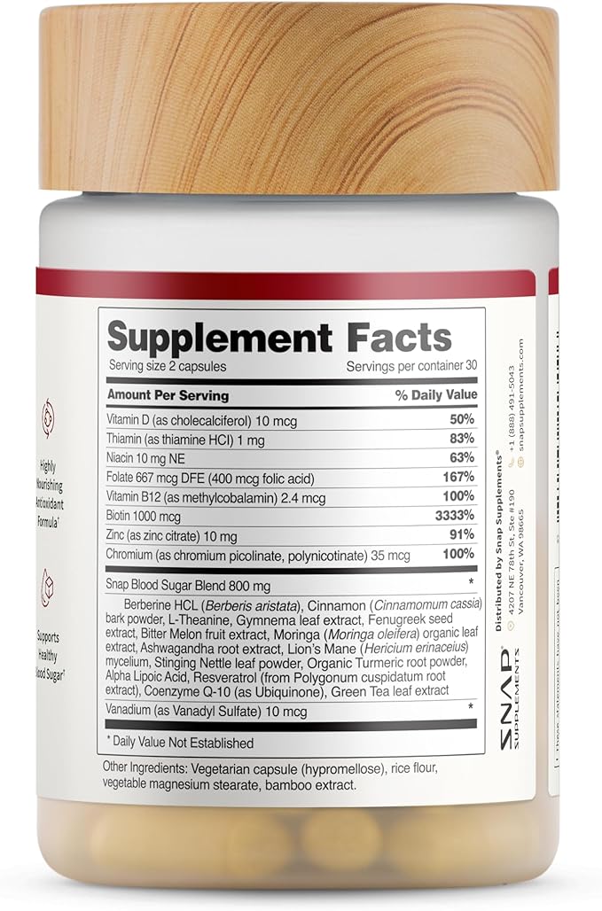 Snap Supplements Blood Sugar Blend with Berberine, CoQ10, Cinnamon, Alpha Lipoic Acid and Gymnema to Support Healthy Blood Sugar, Metabolic Health and Energy, Sugar Free, 60 Capsules, 2 Pack