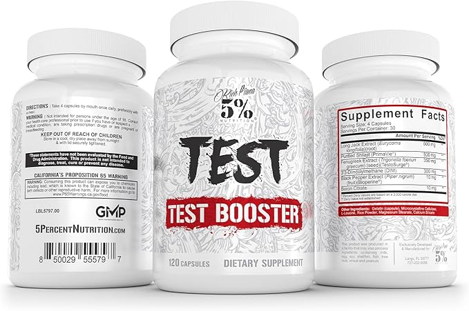 5% Nutrition Rich Piana Test | Natural Testosterone Booster for Men | Muscle Builder, Male Vitality, Energy & Stamina | Tongkat Ali (Longjack), Shilajit, Fenugreek, DIM, Boron | 120 Capsules
