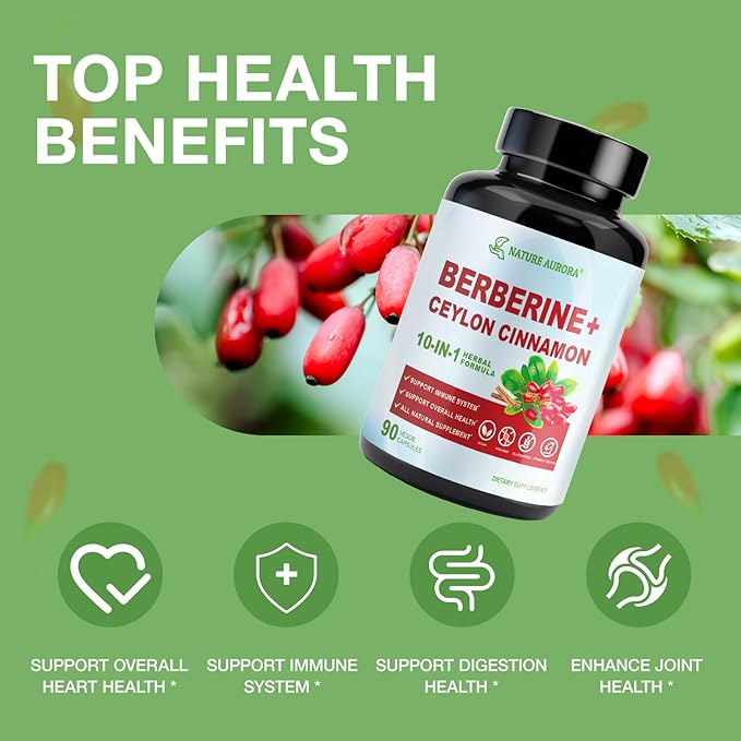 Berberine Supplement with Ceylon Cinnamon & Chromium Picolinate, 10-in-1 Berberine 1000mg Per Serving, Berberine 5X for Metabolism, Heart and Immune Support (90 Capsules)
