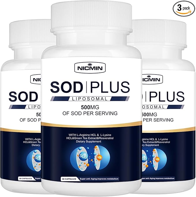 Superoxide Dismutase Supplement 500mg - SOD Plus with Liposomal Glutathione, AKG, Green Tea Extract, L-Arginine, Lysine, Resveratrol and Vitamin E for Immune Support, Antioxidant 180 Capsules