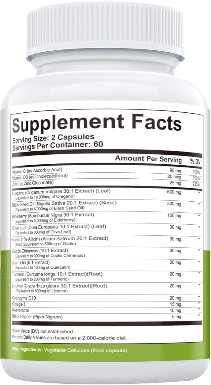 Oil of Oregano with Black Seed Oil Capsules 16 in 1 - Oregano Oil Enhanced with Elderberry, Olive Leaf, Zinc, Vitamin C & D3, Quercetin, Garlic – Immune, Respiratory & Gut Support - 120 Capsules