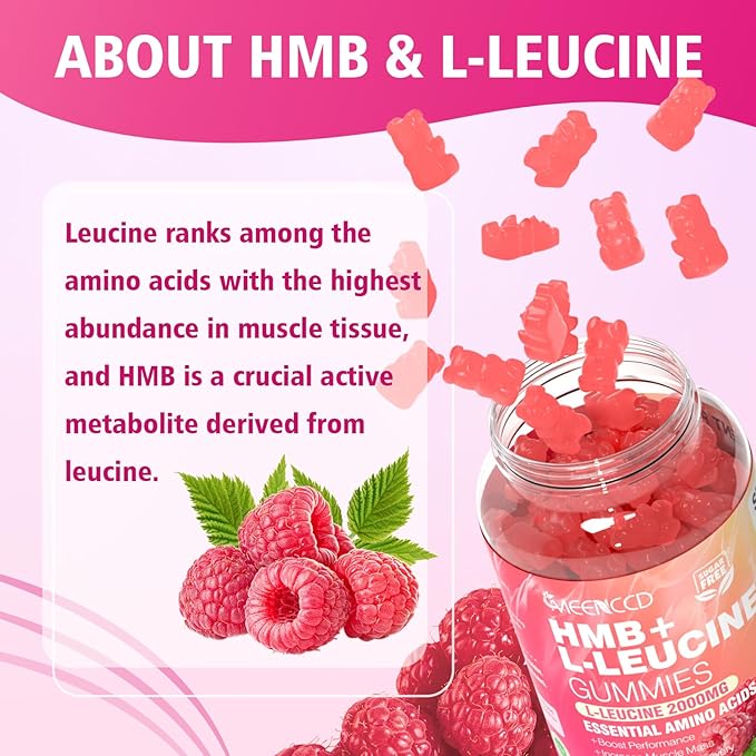 HMB and L-Leucine Gummies, 3000mg HMB and Leucine Amino Acid for Muscle Growth, Muscle Mass, Muscle Relief, and Fast Workout Recovery, for Men & Women, Sugar-Free, Raspberry Flavor, 60 Count