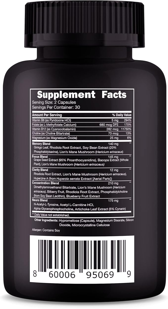 Vital Vitamins Brain Supplements for Memory and Focus – Nootropic Brain Booster with Ginkgo Biloba, Rhodiola, B12 – Caffeine-Free Support for Adults & Seniors – 30-Day Supply, 30 Capsules