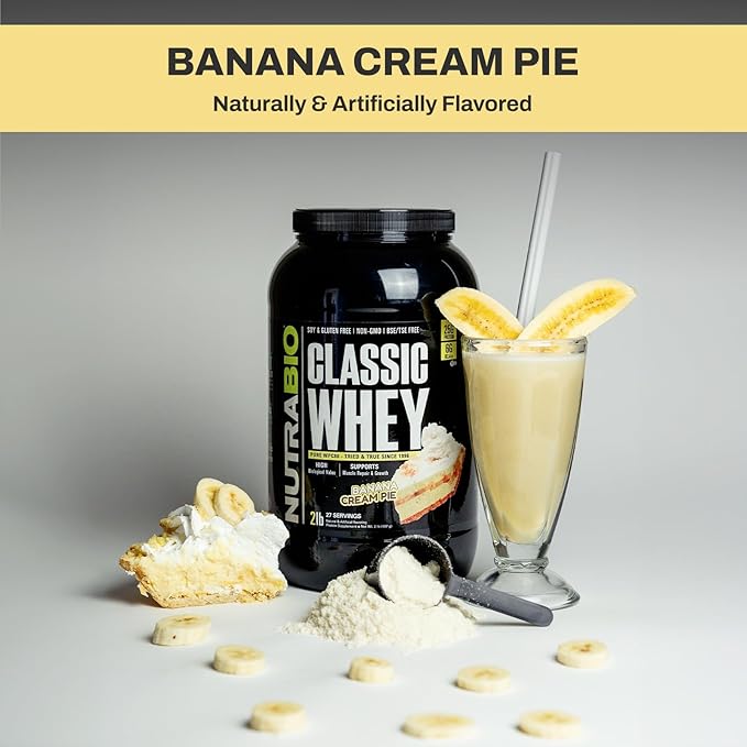 NutraBio Classic Whey Protein Powder- 25G Protein Per Scoop - Full-Spectrum Amino Acid Profile - No Fillers, Artificial Colors, Preservatives - (Banana Cream Pie, 5 Pounds)