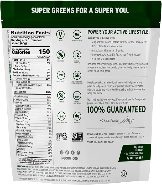 No Cow Plant-Based Protein Powder Plus, 20g Protein with 9 Essential Amino Acids & Super Greens, 5 Billion CFU Probiotics Bacillus Subtilis for Healthy Digestion, Perfect Breakfast Start