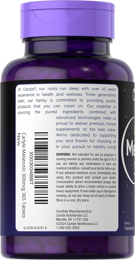Carlyle Melatonin 300 mcg | 365 Tablets | Low Dose | Vegetarian, Non-GMO, Gluten Free