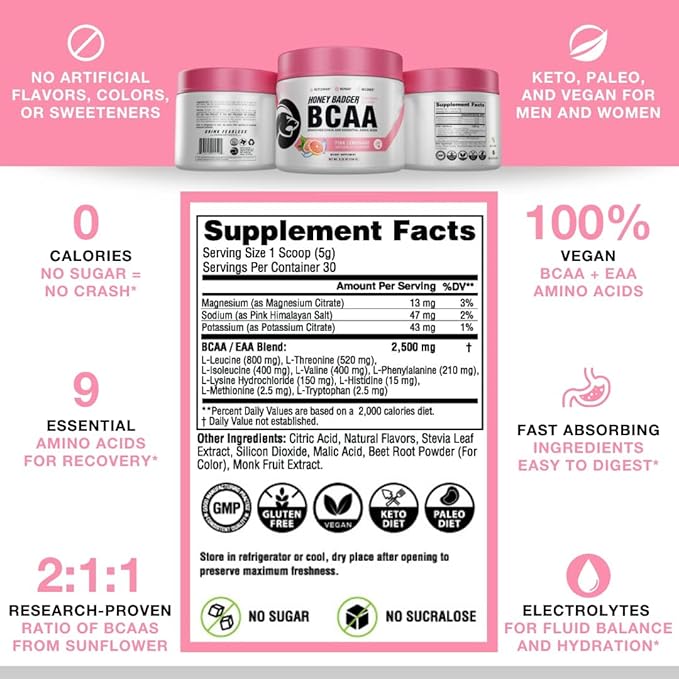 Honey Badger Pre Workout Powder & BCAA Amino Acids Powder Bundle | Beta Alanine, Caffeine & Vitamin C + Electrolytes | Vegan Keto Sugar Free & Paleo for Men & Women | 30 Servings (Pink Lemonade)
