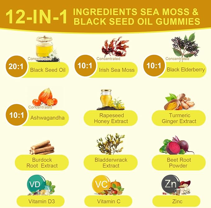 Black Seed Oil & Sea Moss Gummies, 2Pack Irish Sea Moss Gummies with Black Seed Oil, Ashwagandha Extract, Elderberry, Turmeric, Vitamin C, Vitamin D3 - Immune Support, Joints, Digestion, Hair & Skin