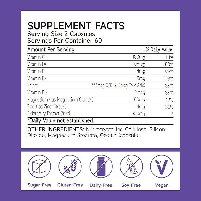 Elderberry Capsule with Magnesium and Vitamin C, D3 & Zinc - Immune Support Supplement for Adults, 120 Capsules, 60-Day Supply