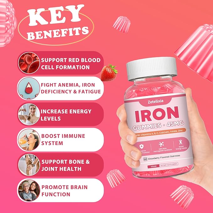 Vegan Iron Supplement Gummies for Women & Men, Anemia, Blood Builder & Energy Support for Iron Deficiency, with Vitamin C, A, B Complex, Folate, CoQ10, Sugar Free, Non-GMO, 60 Count