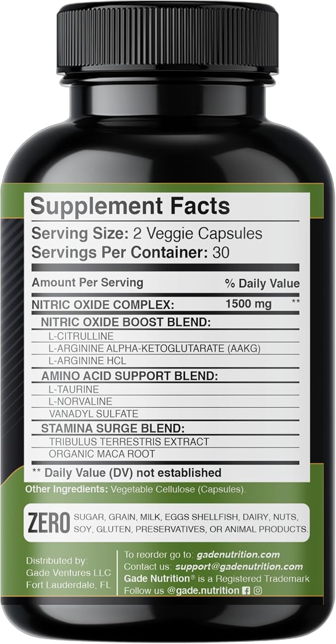Gade Nutrition Nitric Oxide Supplement - L Arginine Capsules – Helps to Improve Energy, Endurance & Performance - Pre Workout - Muscle Builder - with All Essential Amino Acid and Maca Root