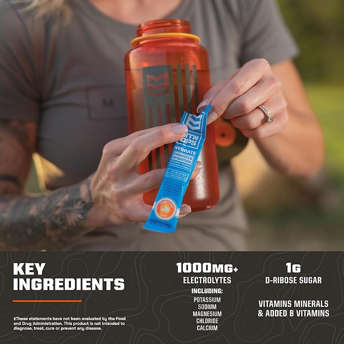 MTN OPS Hydrate Electrolytes Powder Drink Mix, 20 Single Serving On-The-Go Electrolyte Packs with Over 1000mg of Electrolytes per Serving, Lemonade