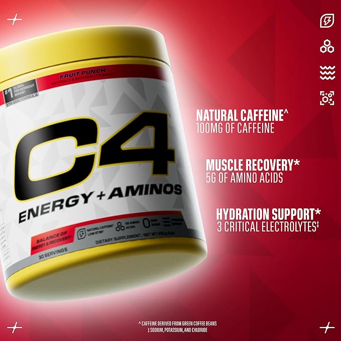 Cellucor C4 Energy + Aminos Powder | 5g BCAAs & EAAs for Muscle Recovery, 3 Electrolytes for Hydration, 100mg Natural Caffeine | Pre Workout | Zero Sugar, 30 Servings, Fruit Punch