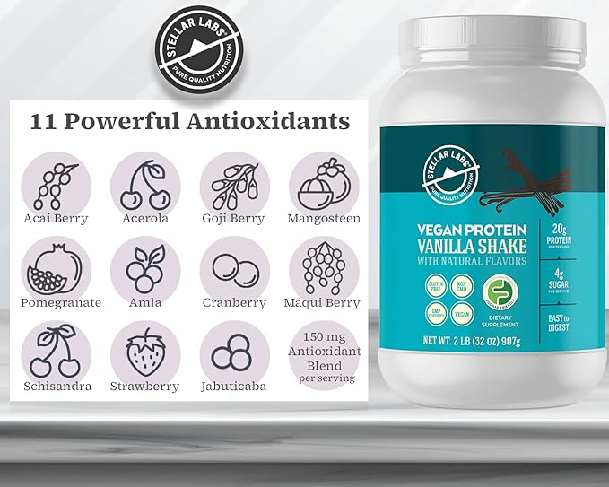 Stellar Labs Vegan Protein Powder with BCAA's & Antioxidants | Certified Low FODMAP, Non GMO, Gluten Free, Soy Free, Low Carb, with Stevia | Lean Plant Based Protein Powder Shakes | Vanilla