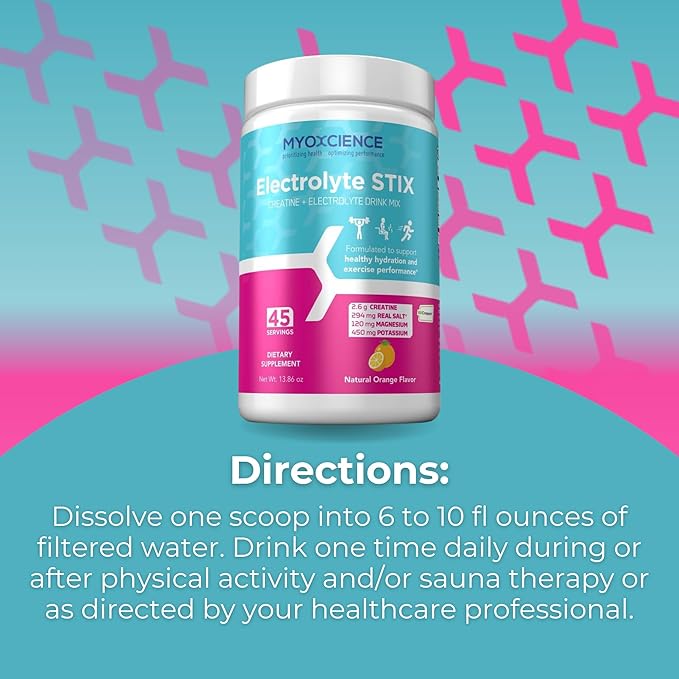 MYOXCIENCE Electrolyte STIX | Creatine Electrolyte Powder | Recovery from Exercise & Muscle Development w/Real Salt (Natural Orange Flavor) (Jar 45 ct)