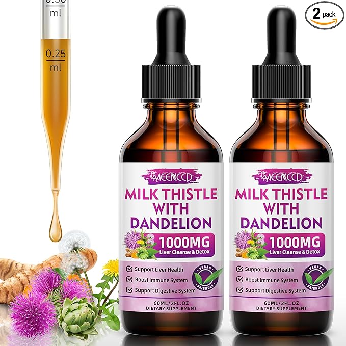 2 Pack Milk Thistle Liquid Drops - Liver Cleanse Detox & Repair - 1000mg Milk Thistle Supplement for Liver Support, Silymarin Liver Supplement for Liver Health, Vegan, Non-GMO, 4 Fl Oz