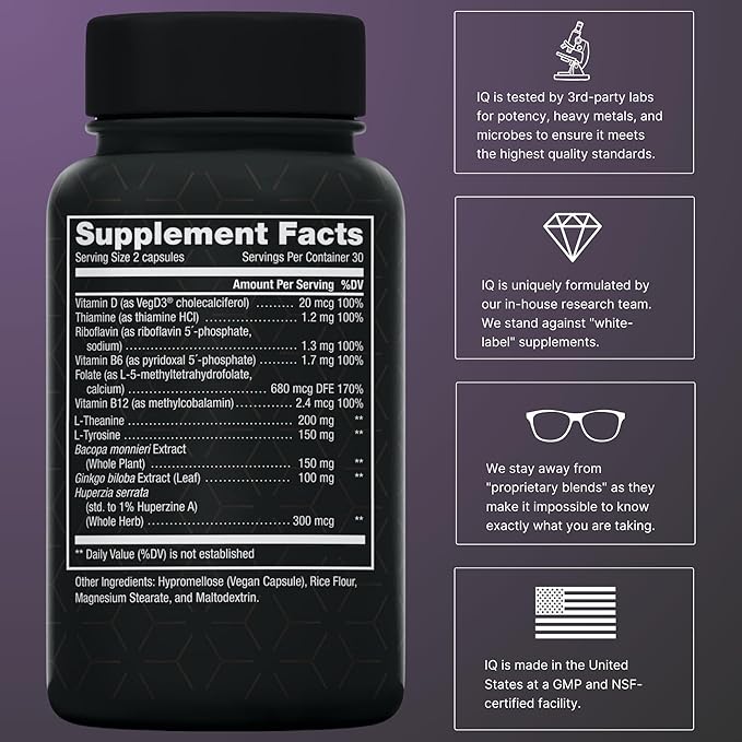 11-in-1 Nootropic Supplement: Supports Memory & Cognition - 100mg Ginkgo 150mg Bacopa 300mcg Huperzine 200mg L-Theanine 150mg L-Tyrosine & Bioactive B-Complex w/ 5-MTHF - 1,100mg+ Serving - 60 Count