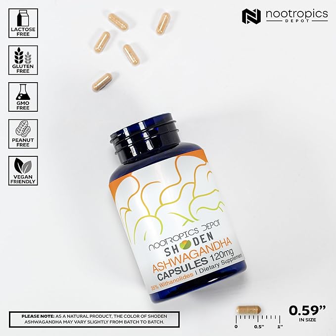 Nootropics Depot Shoden Ashwagandha Extract Capsules | 120mg | 30 Count | 35% Withanolides