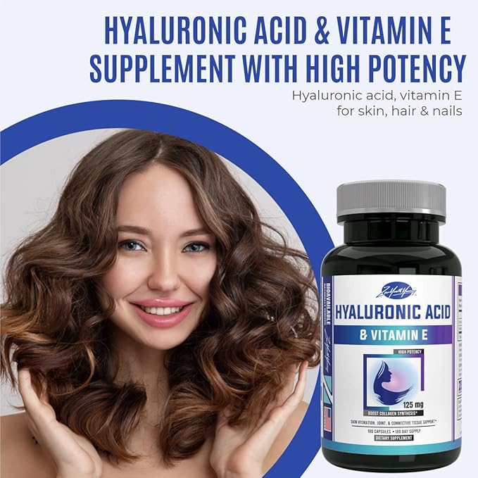zyy Hyaluronic Acid Supplements with Vitamin E - Daily Anti Aging Beauty Supplement for Healthy Skin, Hair and Eyes, Supports Joint Lubrication & Immune System - No-GMO & Gluten-Free - 180 Capsules