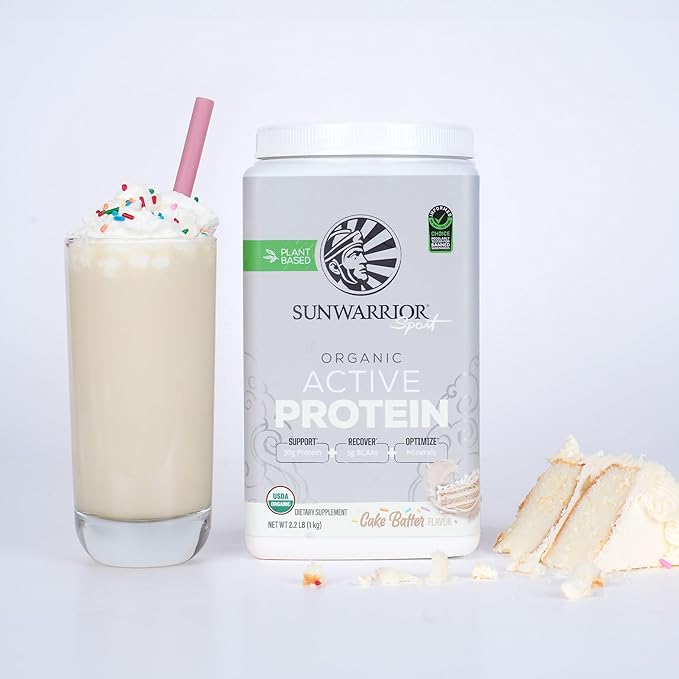 Sunwarrior Vegan Protein Powder USDA Organic Protein Powder Blend| Plant-Based BCAA Sugar Free Gluten Free Non-GMO Dairy Free | Cake Batter Flavored 20 Servings | Sport Organic Active Protein