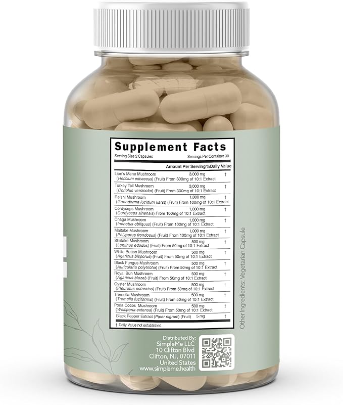 Multi-Mushroom Supplement - Complex For Brain, Immune Support, Nootropics - Performance Blend with Lions Mane, Turkey Tail, Reishi, Cordyceps, Chaga, Maitake, Shiitake, and More - 60 Capsules