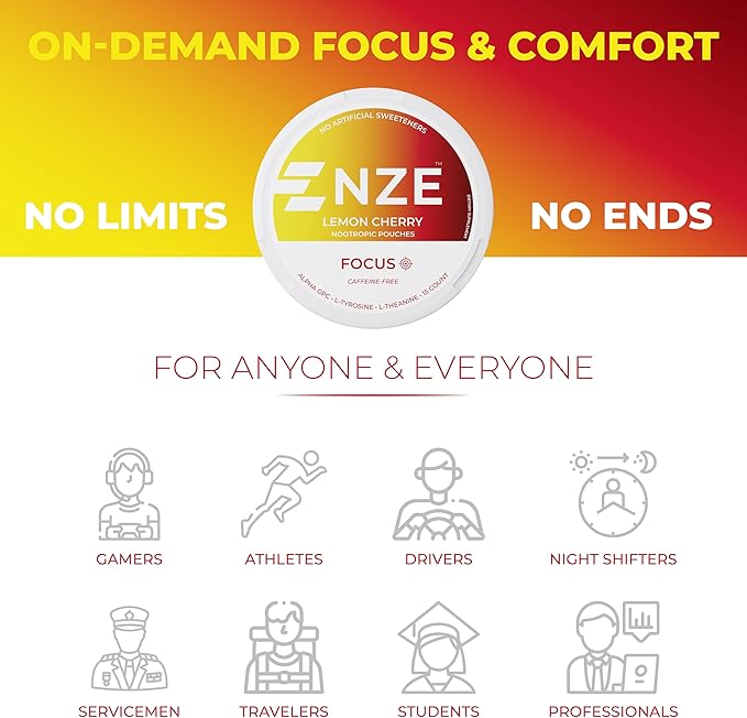 NZE Caffeine Free Nootropic Pouches (Lemon Cherry) - Nootropic Pouches with Alpha GPC, L-Tyrosine & L-Theanine - No Sugar or Artificial Sweeteners - 15 Nicotine Free Pouches Per Can - 5 Pack