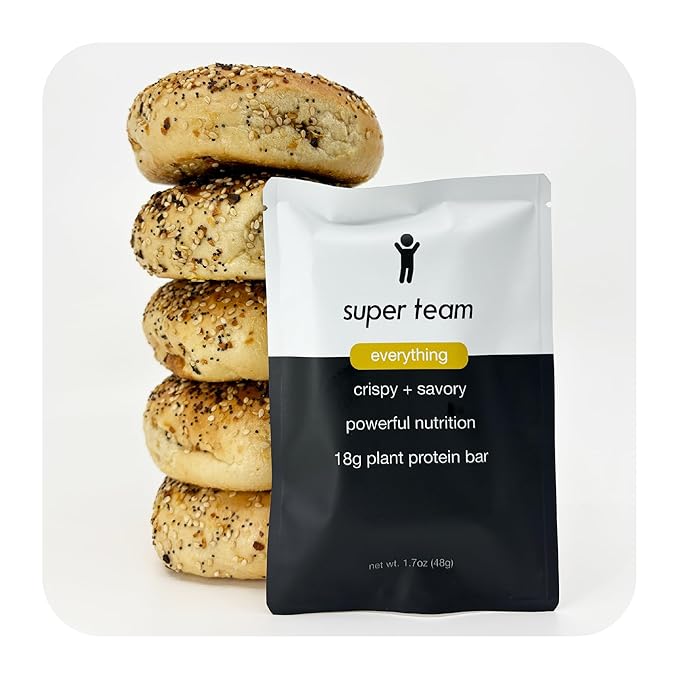 Super Team Savory + Crispy Protein Bars - Everything Bagel - 12-Count Snack Bars - High Protein (18g), High Fiber (7g), Low Sugar (1g) - Gluten Free, Nut Free, Soy Free, Vegan Plant Based Meal Replacement