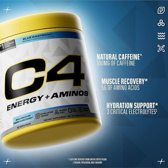 Cellucor C4 Energy + Aminos Powder | 5g BCAAs & EAAs for Muscle Recovery, 3 Electrolytes for Hydration, 100mg Natural Caffeine | Pre Workout | Zero Sugar, 30 Servings, Blue Raspberry