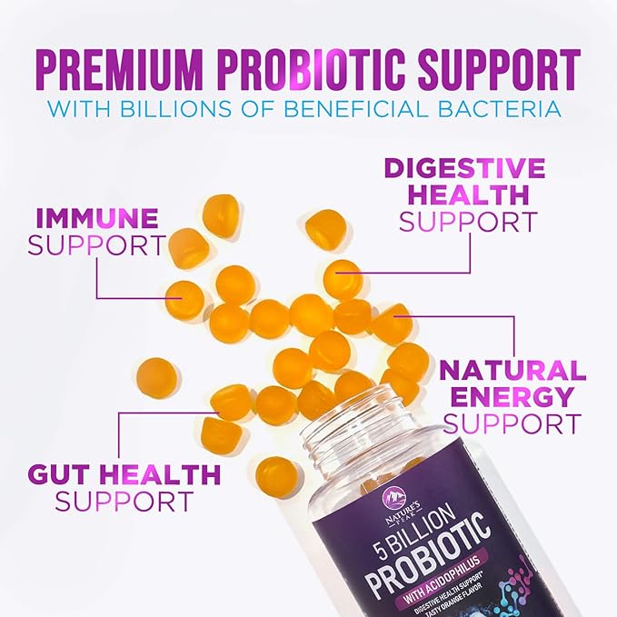 Probiotic Gummies for Women, Men & Teens - 5 Billion CFUs, 6 Probiotic Strains, Orange Flavor - Daily Gummy Probiotics Supplement for Natural Digestive Health, “Good” Gut & Immune Support - 120 Count