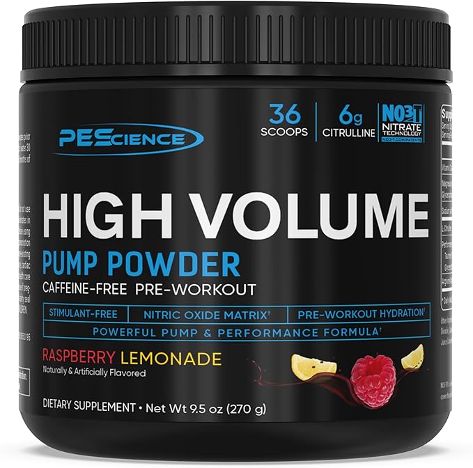 PEScience High Volume Stim-Free Pre Workout, Nitric Oxide Booster with L Citrulline & L Arginine Nitrate, Non-Stim Preworkout for Men and Women, 36 Scoops, Raspberry Lemonade