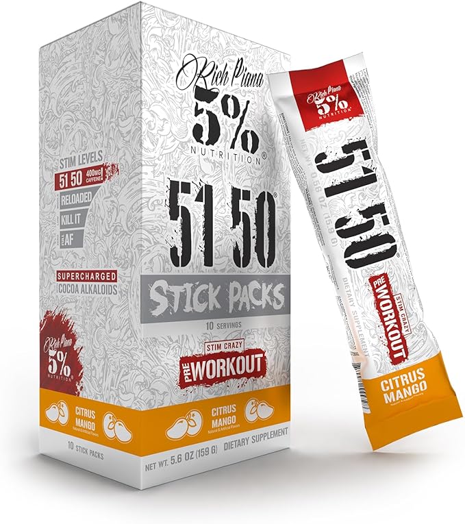 5% Nutrition Rich Piana 5150 High Stim Pre-Workout Powder Packets | Extreme Energy, Focus, Pumps & Endurance | 513 mg Caffeine Complex, Citrulline, Beta Alanine, L-Tyrosine (Citrus Mango) (10 Count)