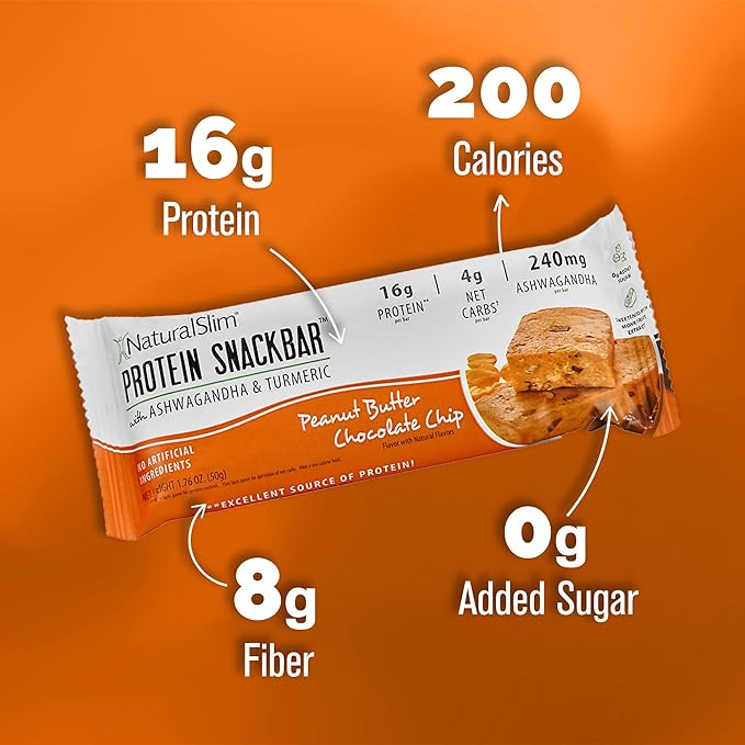 NaturalSlim Protein bars with Ashwagandha & Turmeric - High Protein Snacks Sweetened with Monkfruit & Stevia - Low in Carbohydrates & Low Calorie Snacks - Peanut Butter Chocolate Chip 8 bars/Box
