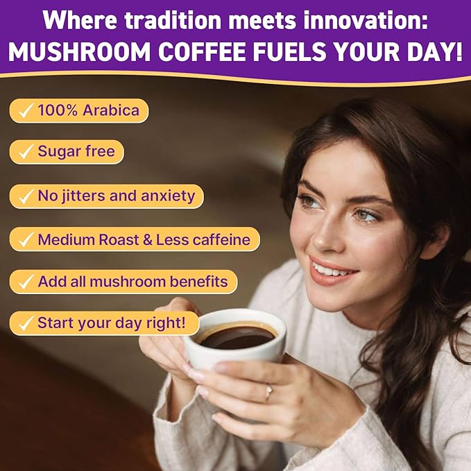 Mushroom Coffee Organic, 11 Mushrooms + 8 Adaptogenic Herb Mushroom Coffee for Focus, Energy, Digestion & Immune Support| Cordyceps, Lion’s Mane, Reishi, Chaga & Ashwagandha| Gluten Free, 30 Servings