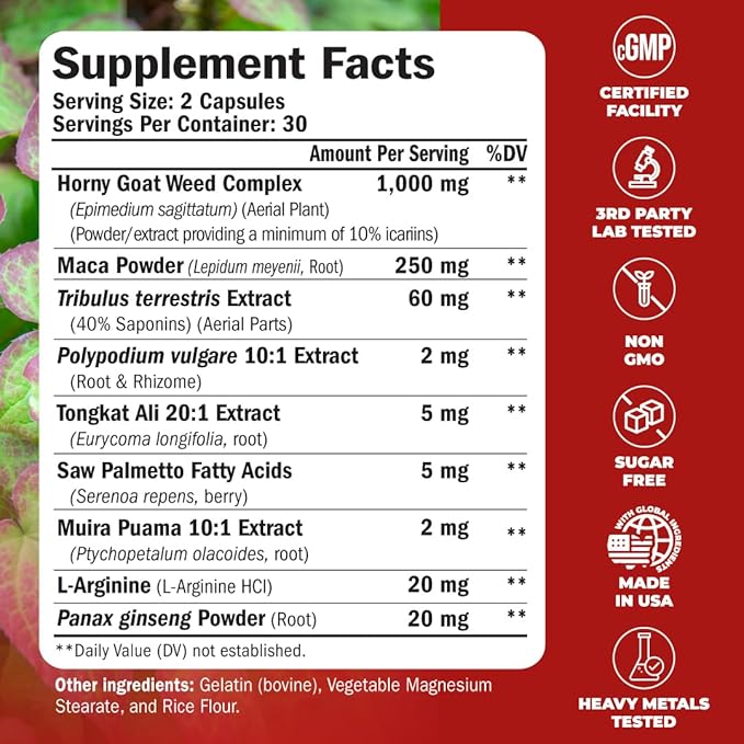 Tongkat Ali & Hornygoatweed for Men with Maca Root Powder, Saw Palmetto for Men and Tribulus Terrestris - Healthy Testosterone Support and Balanced Energy Supplements - 60 Premium Tongat-Ali Capsules
