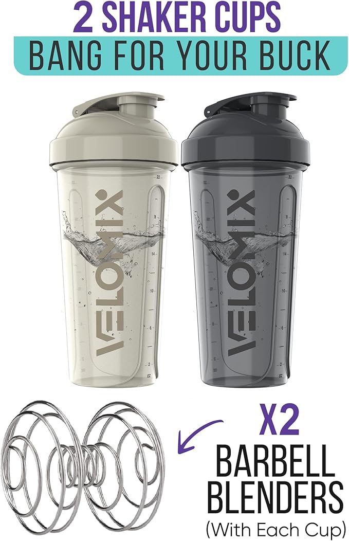 -2 Pack- 28 oz Protein Shaker Bottles for Protein Mixes - 2x Wire Whisk | Leak Proof Shaker Cups for Protein Shakes | Protein Shaker Bottle Pack | Shakers for Protein Shakes-Gray&White