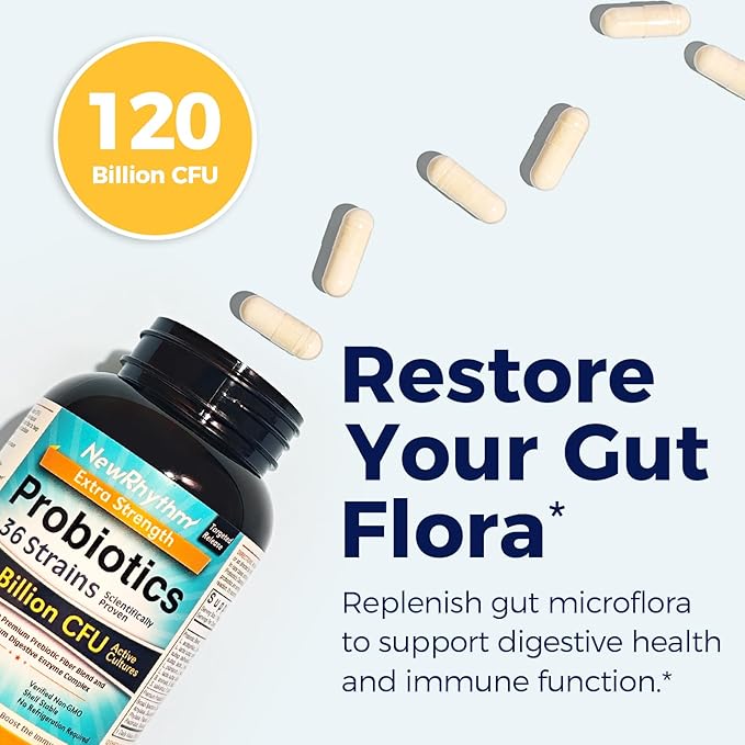 NewRhythm Probiotics 120 Billion CFU 36 Strains, 3-in-1 Probiotics for Digestive Health & Immune Support with Prebiotics & Enzymes, Probioticos for Women & Men, Targeted Release, 60 Veggie Caps