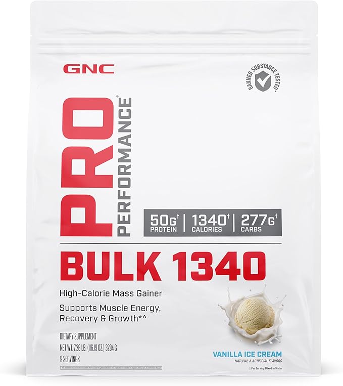 GNC Pro Performance Bulk 1340 Mass Gainer Protein Powder, 50g, Gluten Free, Whey, Creatine, BCAA, 3rd Party Tested, Muscle Recovery & Growth, Micronutrients, Vanilla Ice Cream, 9 Servings