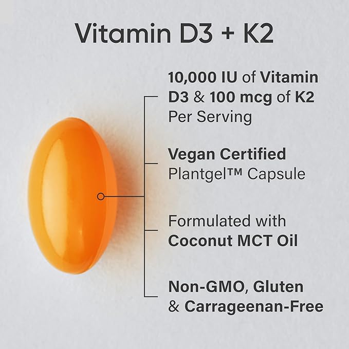 Sports Research® Vegan D3 10,000iu with Vitamin K2 100mg - Formulated with Coconut MCT Oil - Vegan Certified, Soy & Gluten Free - 60 Softgels