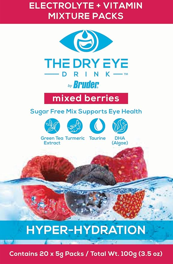 The Dry Eye Drink l Ultimate Hydration for Dry Eyes l Sugar-Free Electrolyte Powder Packets l Blended with Vitamins, Green Tea, Turmeric, Taurine, and DHA l 5g x 20 Packets (Mixed Berry)