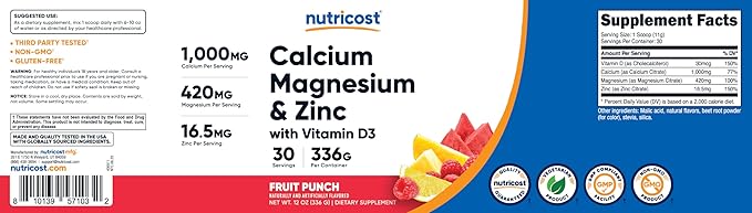 Nutricost Calcium Magnesium Zinc with Vitamin D3 Powder, 30 Servings (Fruit Punch) - Calcium (1000 MG) Magnesium (420 MG) Zinc (16.5 MG) Vitamin D3 (30 MCG) - Gluten Free, Non-GMO