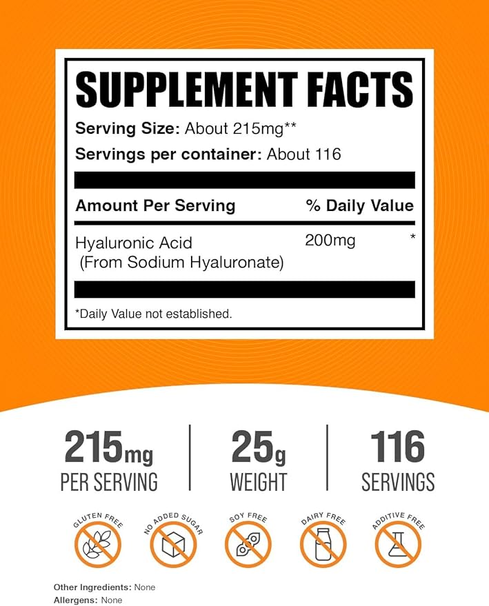 BulkSupplements.com Hyaluronic Acid Powder - as Sodium Hyaluronate, Hyaluronic Acid Supplements - Food Grade, Gluten Free - 215mg per Serving, 25g (0.88 oz) (Pack of 1)