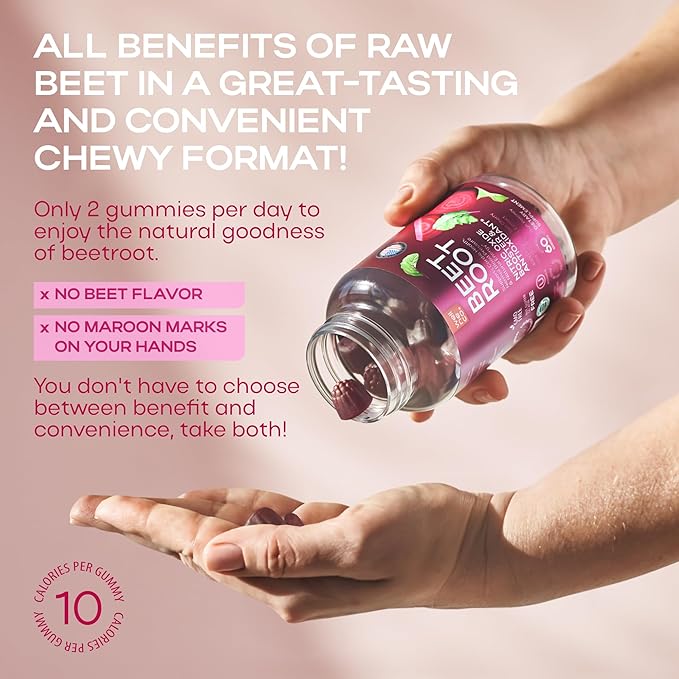 Beet Chews for High Blood Pressure - Beet Root Gummies with Tart Cherry - Nitric Oxide Supplements for Energy, Cardio Health - Vegan, No GMO, Pectin Based - for Women and Men