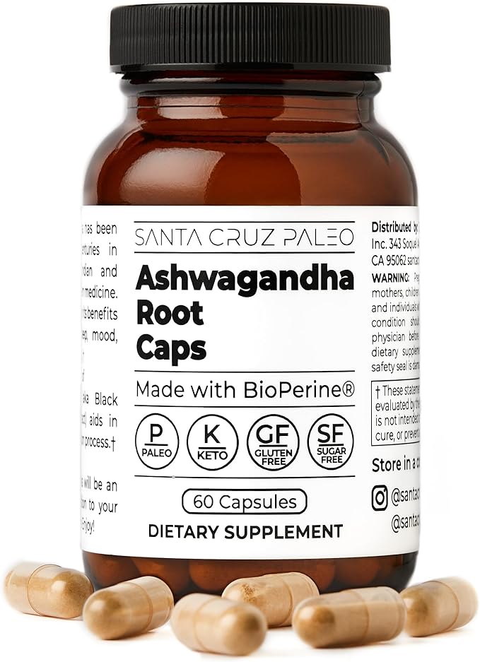 Santa Cruz Paleo Ashwagandha Capsules, 600mg Ashwagandha Root per Capsule, Gluten Free, Keto, Sugar Free, Paleo, Supports Energy, Focus, and Relaxation, BioPerine for Fast Absorption, 60 Capsules
