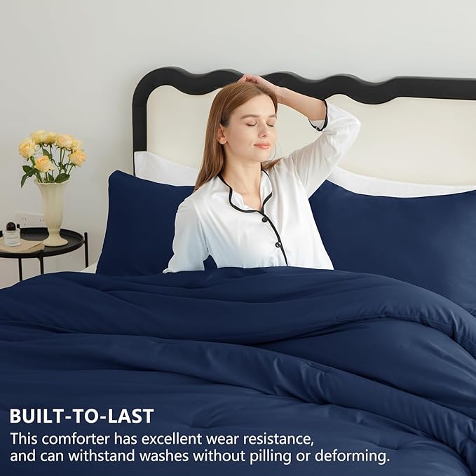 CozyLux Navy Blue Comforter Set Full Size, 3 Pieces Solid Breathable Quilted Style Bedding Sets, Luxury Fluffy Soft Microfiber Comforter for All Season (1 Comforter & 2 Pillowcases)